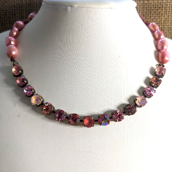 Pink Mauve Blush Swarovski Crystal & Pink Baroque Pearl Necklace in Brass - Picture 1 of 10